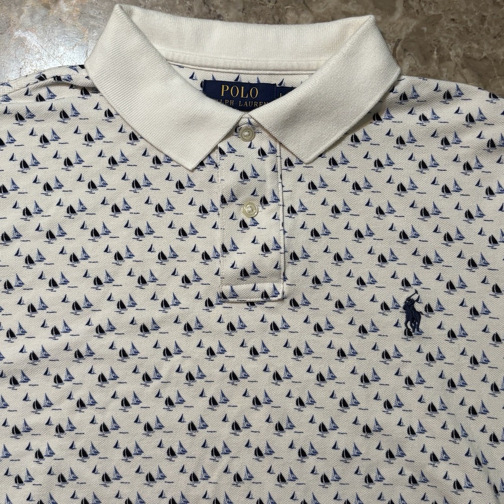 Polo Ralph Lauren Shirt Mens Large Classic Fit Sailships Nautical Pique Mesh